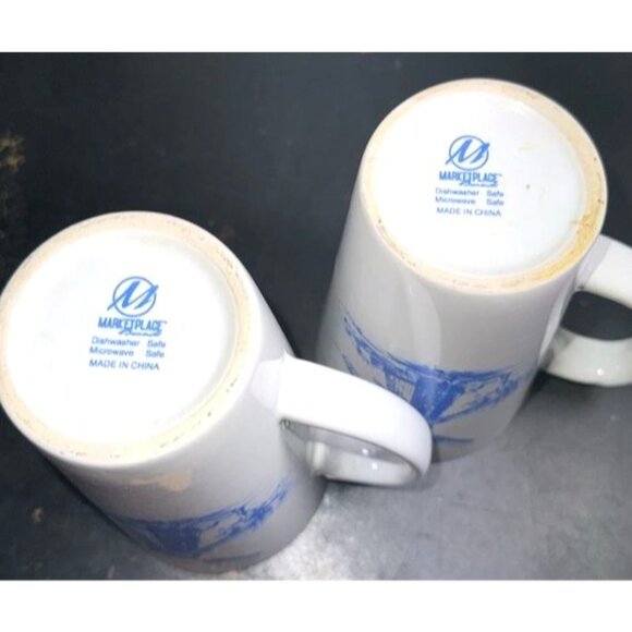Set Of 2 Mark & Place White Ceramic Mugs With Blue Windmill Design 18 Oz Dishwas - Picture 3 of 5